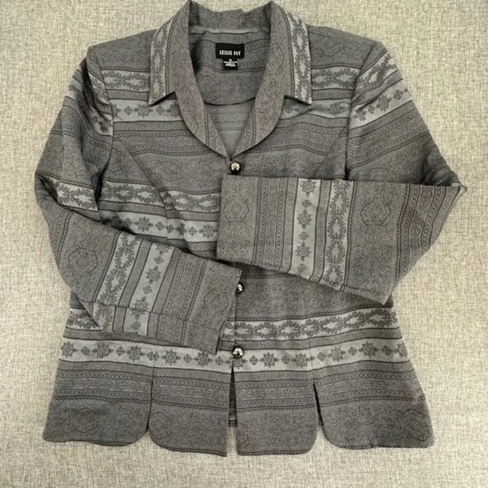 Leslie Fay Blazer Size 16 Gray Tapestry Pattern Buttons Long‎ Sleeve
